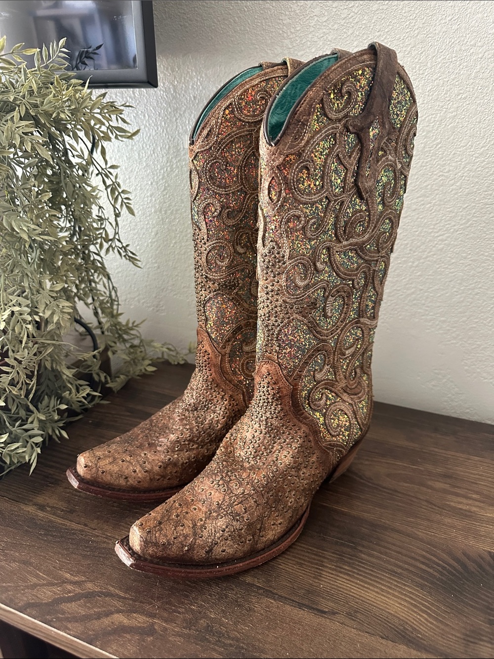 Corral Brown Glitter Embellished Western Heeled Boots - Picture 1 of 5